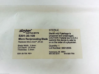 5301-35-109 ~ Stryker Micro Reciprocating Blade 5.8mm x 25.4mm